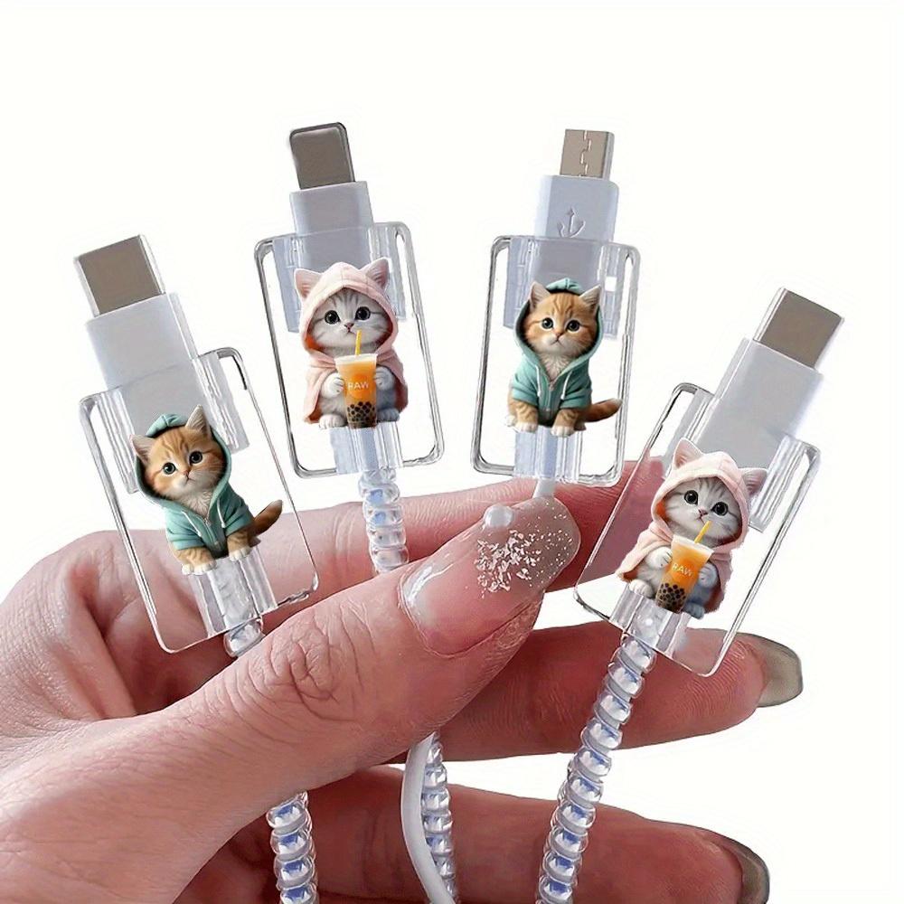 

A Set of Four Cat-Themed Cable Protectors Designed for Apple Ios Phone Charging Cables, Preventing Breakage with Cute Cat Design