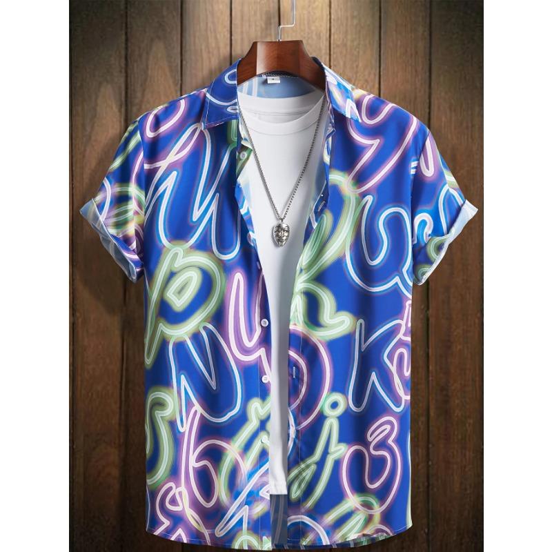 

Men s Neon Style Print Lapels Button Up Casual Short Sleeve Shirts Men s Clothing for Summer Hawaii Shirt Men s Streetwear 5XL