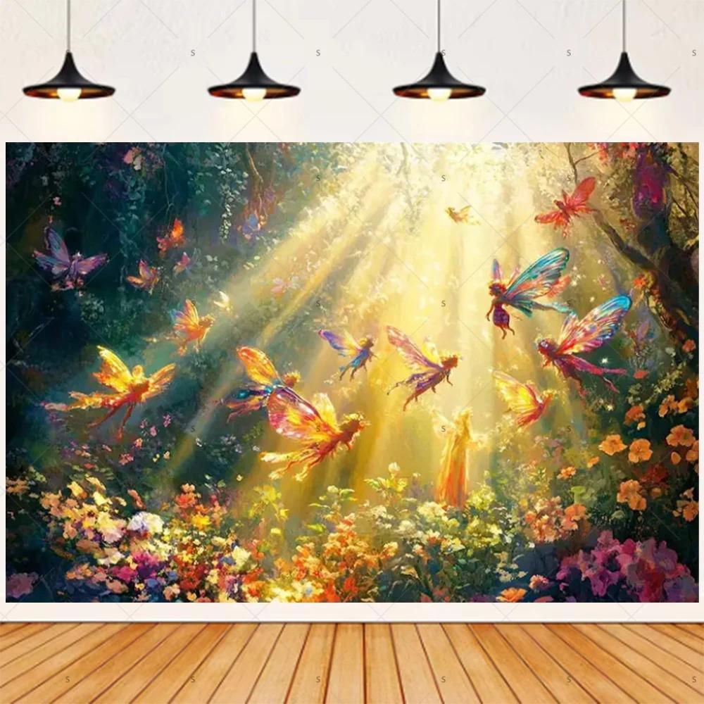 Magic Forest Butterfly Fairy themed party banner background, children's birthday party decoration photography studio background9
