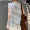 Women's Sleeveless Shirt Korean Version Loose Round Neck Plaid Pleated Famale Shirts Summer Daily Comfortable Sweet Beauty Style Ladies Top