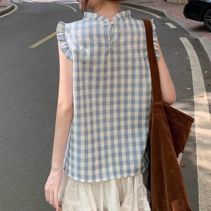 Women's Sleeveless Shirt Korean Version Loose Round Neck Plaid Pleated Famale Shirts Summer Daily Comfortable Sweet Beauty Style Ladies Top