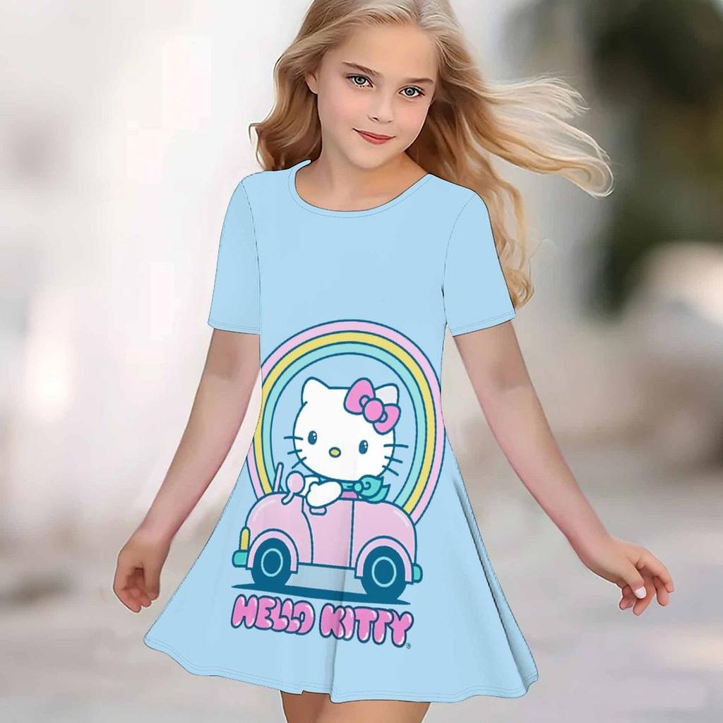 Girls 3D Print Dresses Kids Girl Party Short Sleeve Princess Dress Tank 3D Likable Cartoon Print Dress