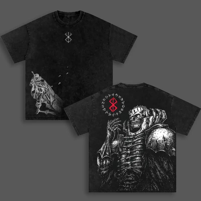 Totenkopf Ritter Print T-Shirt Berserk Anime Kleidung Herren Kurzarm Baumwoll-T-Shirts Vintage Gewaschenes Tee Harajuku Übergroßes T-Shirt