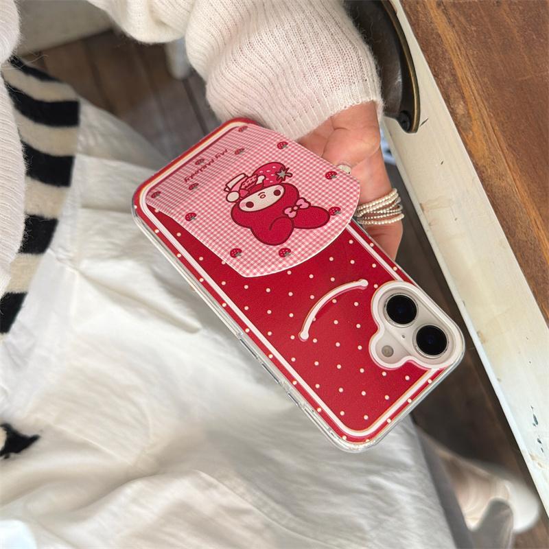 Aesthetic Red Strawberry My Melody Phone Case For iPhone 17 16 15 14 Pro Max Cute Polka Dot Gingham Stand Protective Cover for W