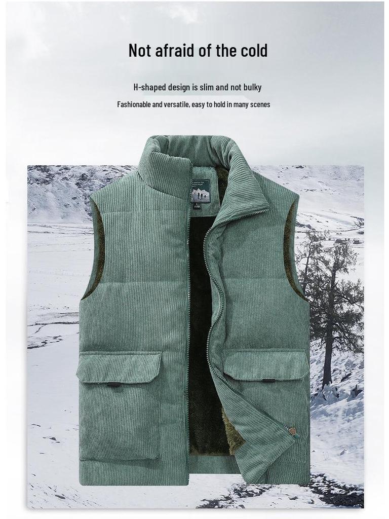 Men's Corduroy Fleece-Lined Multi-Pocket Cotton Vest - Casual, Sleeveless, Outdoor, Cold-Proof.