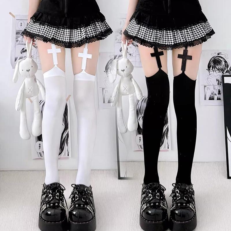 Y2K Lolita Jk Black White Women Pantyhose Sexy Thigh High Nylon Stockings Breathable Punk Gothic Cross Suspender Over Knee Socks