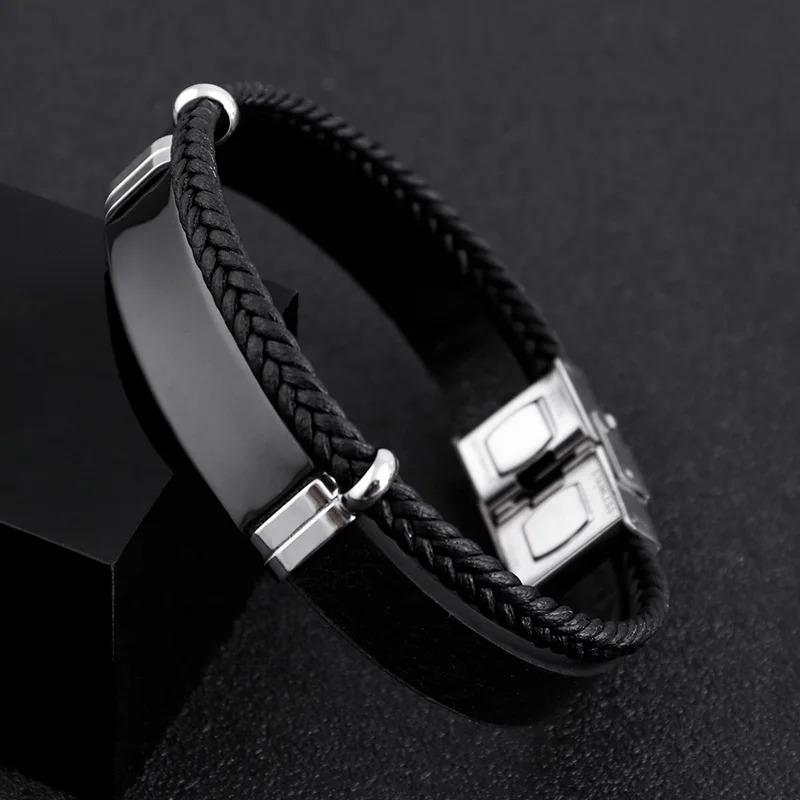 Punk Custom Double Layer Leather Bracelet Men Logo Name Engrave Luxury Handmade Women Rope Id Bracelets Jewelry