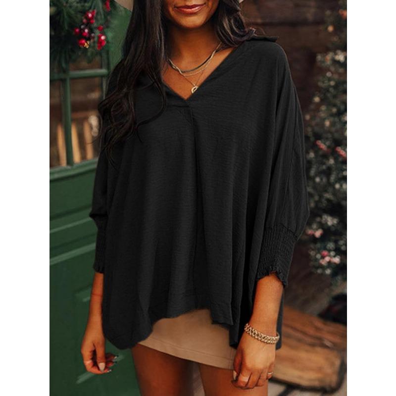 Women V Neck Long Sleeve Smocked Cuff Pleated Casual Blouse