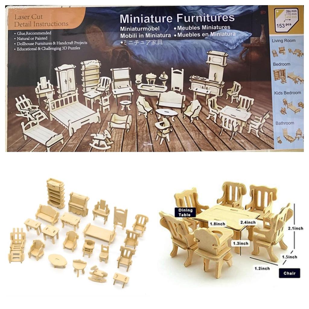 CUTEROOM Dollhouse Miniature Furniture 34-Piece Laser-Cut Wooden 3D Puzzle for Kids Educational Toy