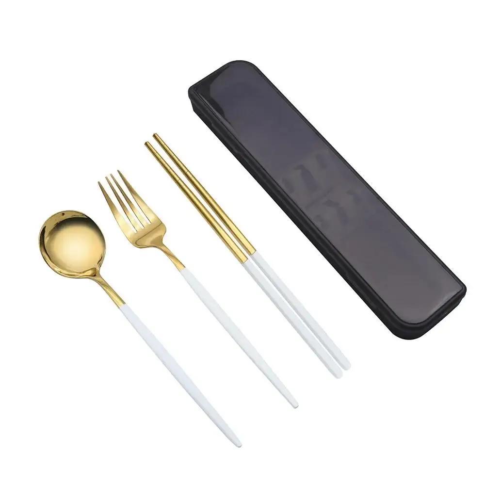 New Spoon Fork Chopsticks Set Storage Box Tableware Coffee Snack Fruit Dessert Portable Spoon Fork Chopstick Set Stainless Steel