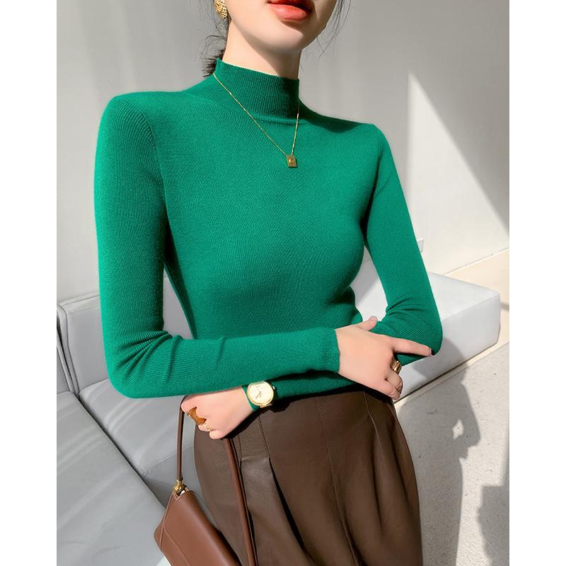 Autumn and Winter Semi High Neck Knitted Sweater Women Long Sleeve Solid Casual Base Sweaters Tops Office Lady Elegant Slim Fit Knitwear Jumper 25049