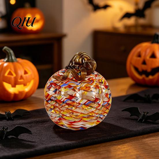 Fall Season Decoration Mini Hand Blown Glass Pumpkin Ornament, Collectible Thanksgiving Halloween Transparent Figurine Faux Crystal Hanging for Fall,