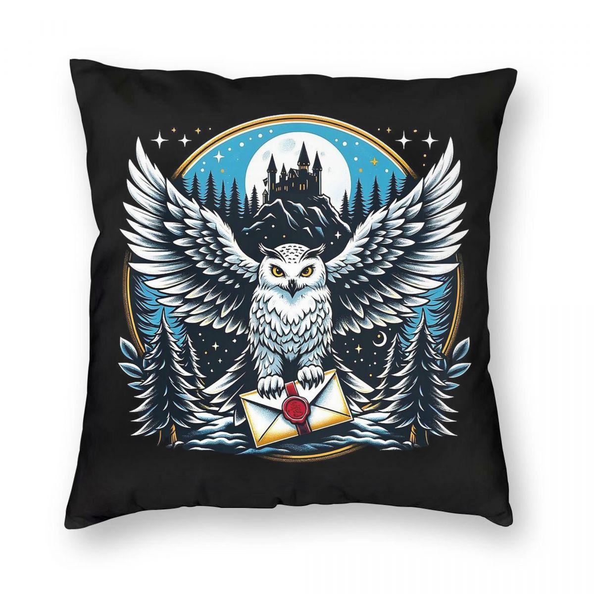 Snowy Owl Messenger Mystical Night Pillowcase Polyester Linen Velvet Pattern Decorative Throw Pillow Sofa Seater Cover x 30x30cm