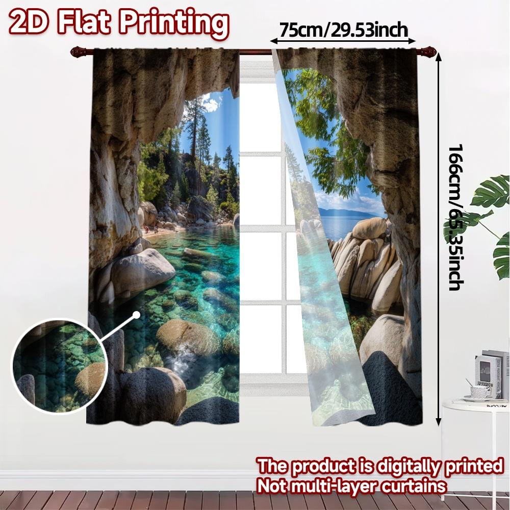 2pcs   2D FLAT PRINTING Curtains (Without Rod) Azure Cove Popular Light Filtering Curtains Prints Light Filtering Curtains