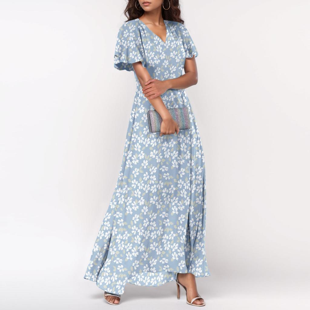 Women's Summer Dresses Casual Short Sleeve Maxi Dresses Cute Floral Maxi Dresses Wedding Guest Dresses Chiffon Flowing Dresses