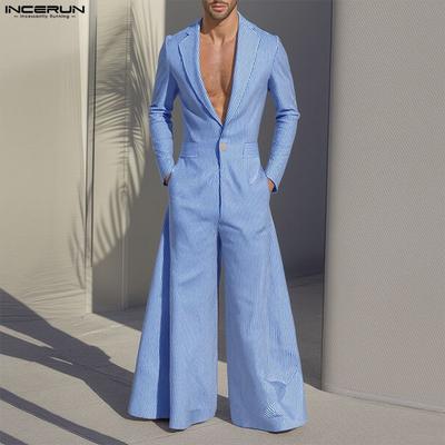 INCERUN Plus Size Heren Revers Diepe V-hals Lange Mouw Gestreept Losse Lange Rompers Jumpsuits