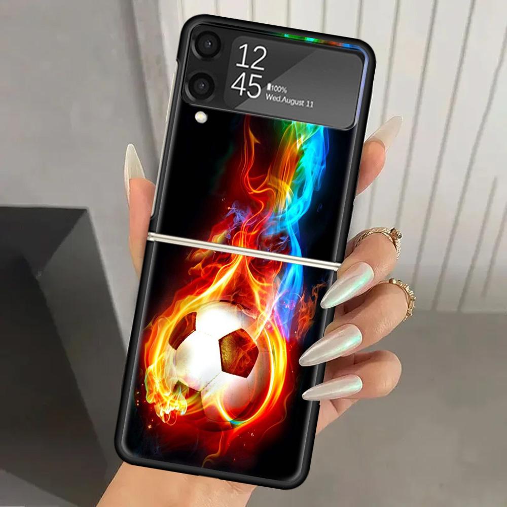 Football Soccer Ball Design Hard PC Phone Case For Samsung Galaxy Z Flip 6 5 4 3 Black Cover ZFlip6 Flip5 Flip4 5G Foldable Prin
