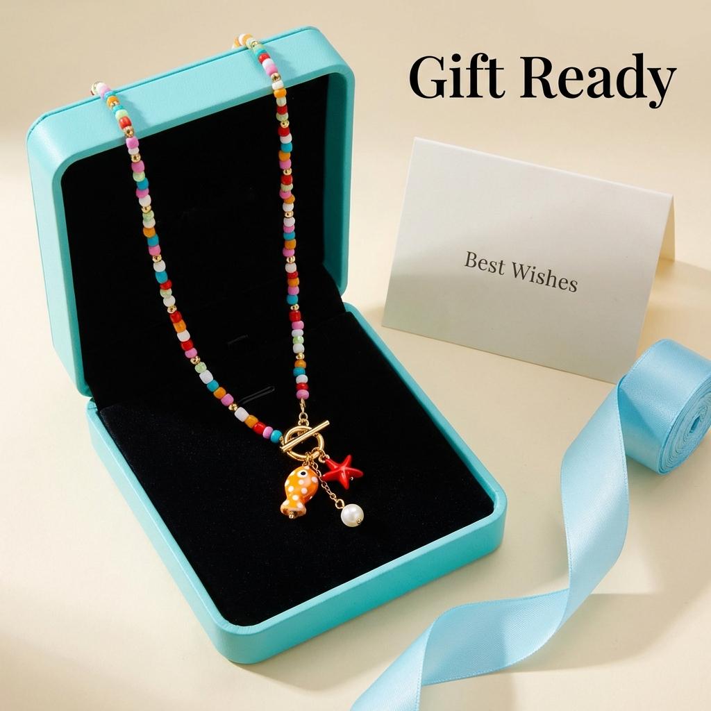 Bohemian Starfish Pendant Necklace For Women Handmade Rice Beads Ceramic Fish with OT Buckle Choker Summer Beach Party Jewelry