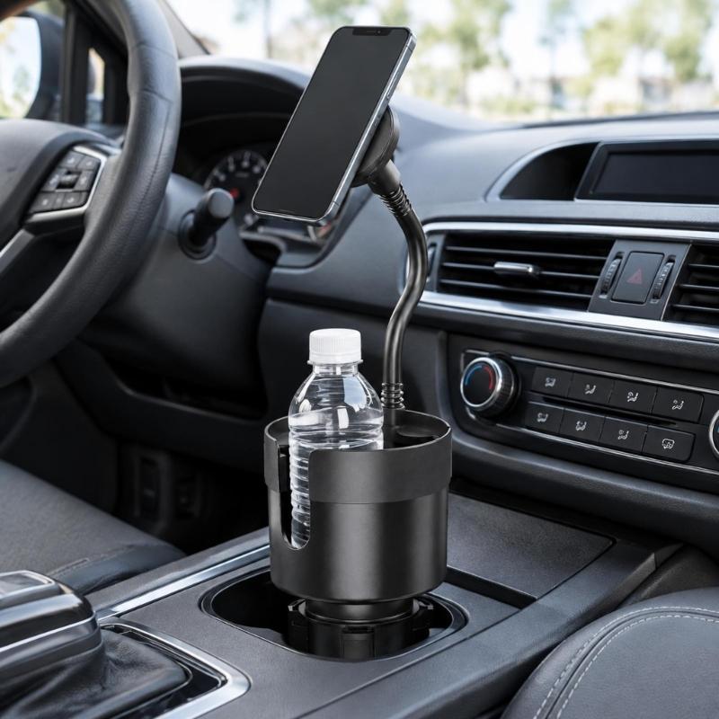 Car Cup Mount for Phone and Drink with Integrated Beverage Compartment, Curved Support Arm, and Cylindrical Base for In-Vehicle Storage