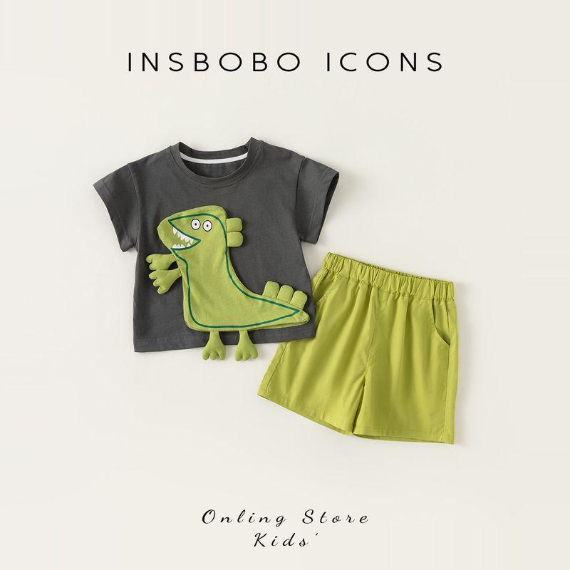 Internet Celebrity Stylish Two-Piece Suit Boy Summer Clothing Gray+Green 100