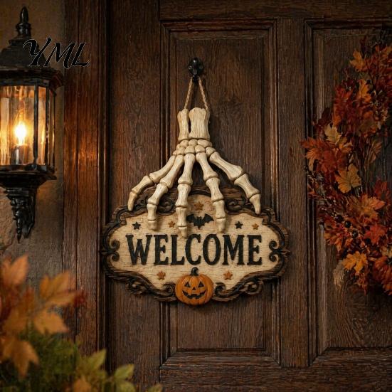 Placa de Loja Estilo Terror Mão de Esqueleto Porta Placa de Boas-Vindas, Decoração Padrão Abóbora Morcego de Halloween, Decoração de Madeira Antiga Desgastada Pendurada na Parede