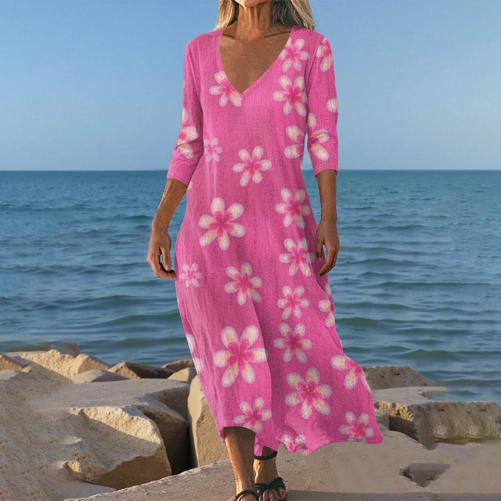 Robes Pour Femmes Tunique Imprimé Vintage Taille Ajustée Robe Midi Été Décontractée Manches 3/4