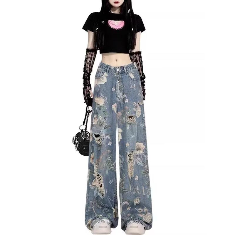 Summer American Retro Printed Ripped Jeans Women's Summer Loose Design Sense Straight Mopping Wide-leg Pants