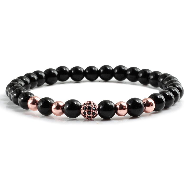 Black Frosted Copper Bead Bracelet with Micro-Inlaid Black Diamond and White Porcelain, Elastic Rope Jewelry for Men and Women.