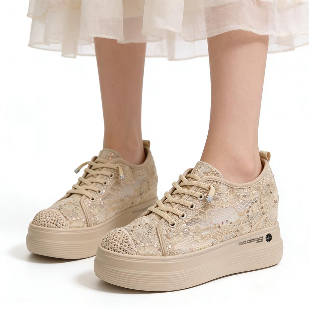 Spring Summer Lace Shoes Women Platform Sneakers Daily Party Sweet Ladies Casual Shoes Height Increasing 7cm