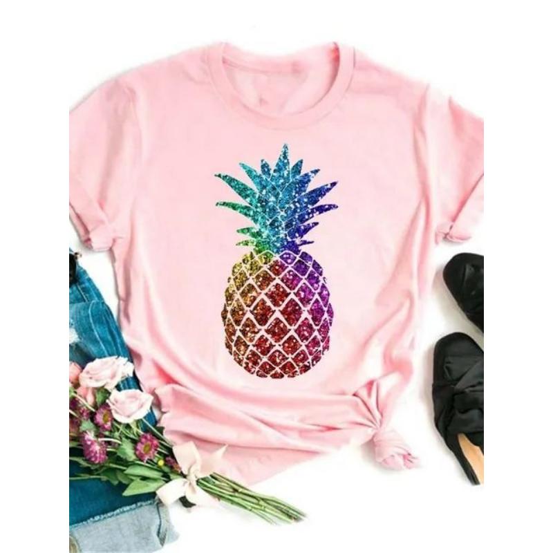 Maycaur Tricou noi pentru femei, Topuri imprimate cu ananas, tricou pentru femei, cu mânecă scurtă, cu decolteu O, tricou pentru femei, cămăși drăguțe de vară