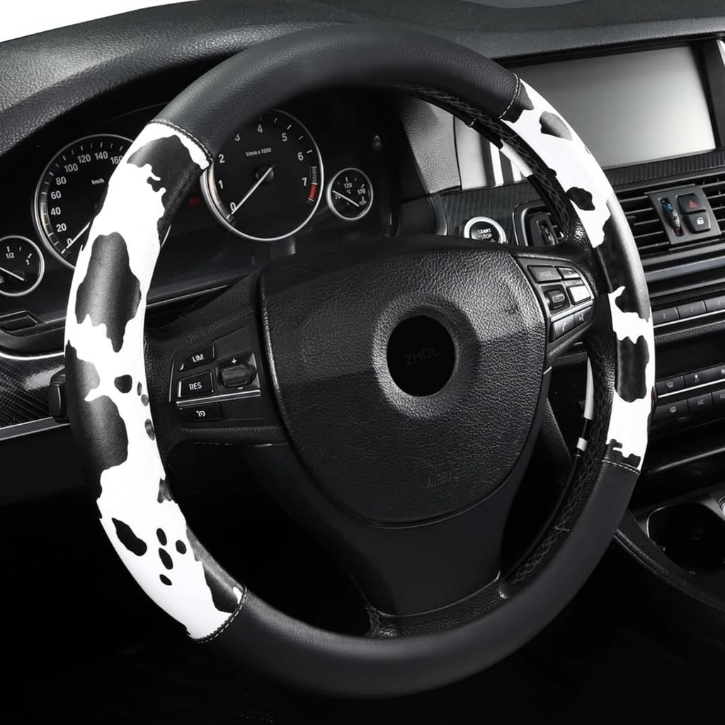 Cow Print Steering Wheel Cover, Universal 14.5-15 Inch Breathable Microfiber Leather Anti-Slip Car Steering Wheel Protector For Women Men,