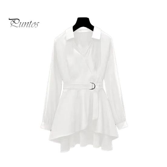 

Женская рубашка с лацканами, длинным рукавом, узким поясом, пуловер, однотонный цвет, неровный подол, рубашка средней длины M белый