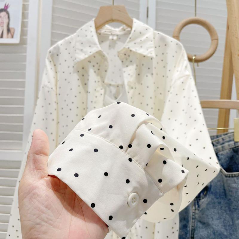 Women Loose Polka Dot Long Sleeve Lace Up Casual Sunscreen Shirt Blouse