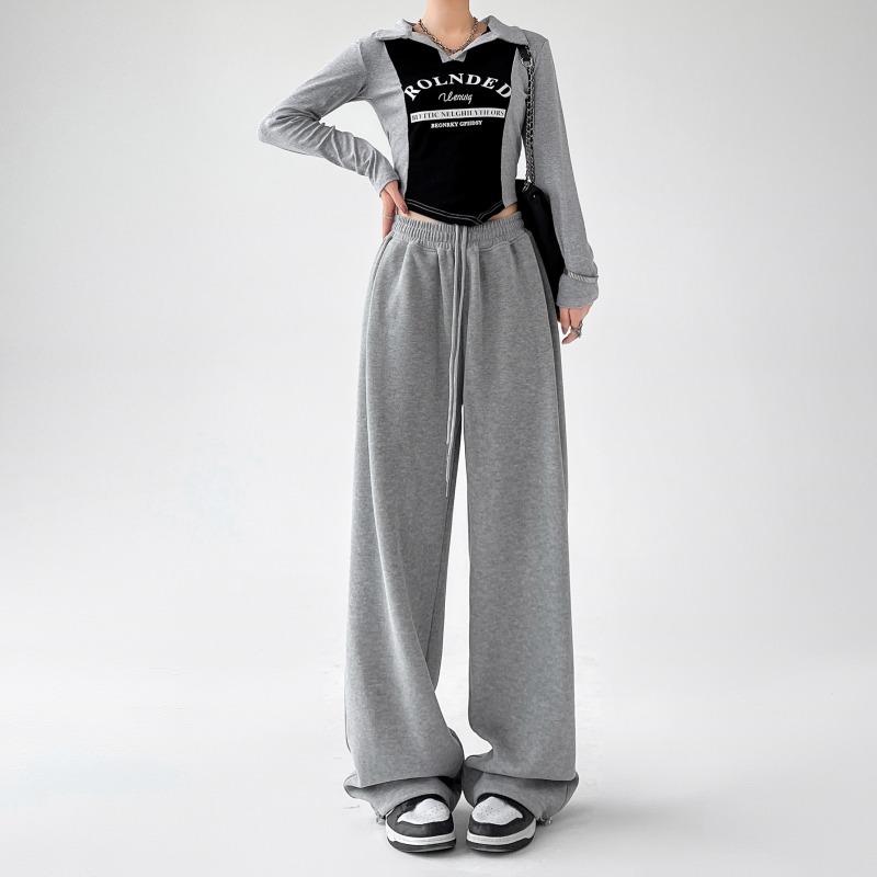 Autumn Sports Casual Loose Wide Leg Pants Women Fashion Solid Elegant High Waist Trousers Women Simple Straight Drawstring Office Ladies Trouser 25681