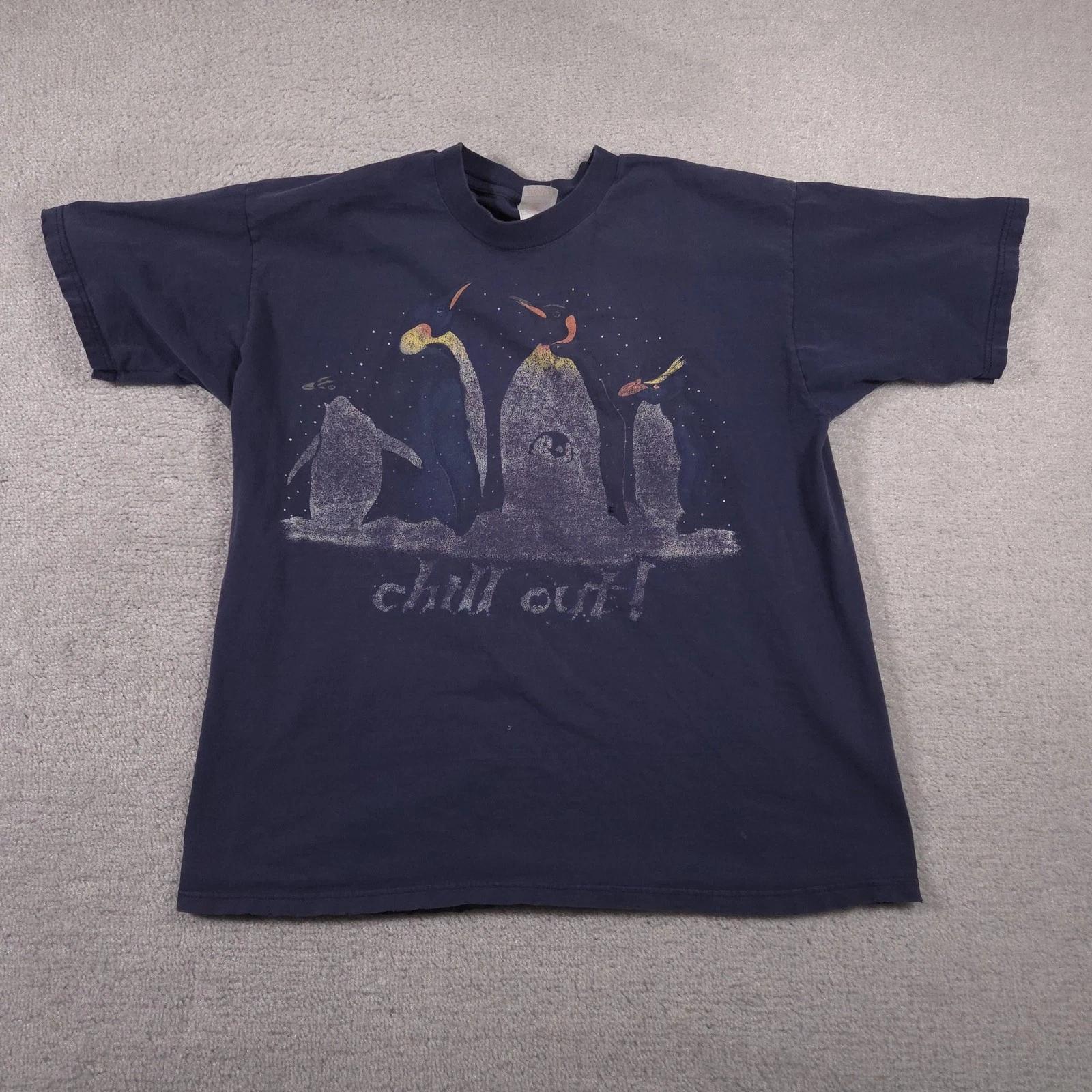 

Fruit of the Loom Shirt Mens XL Blue Chill Out Penguin Graphic Funny Animal 100
