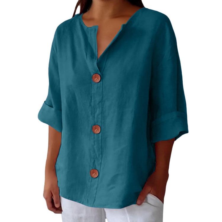 Women s Casual V Neck Cotton T Shirt Top Seven Point Button Sleeve Fashion S темно-зеленого