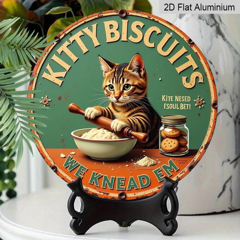 2D Flat 1pc, Round Printed Aluminum Metal Sign, 8x8 In, Cat Made Cookie Sign, Unique, Durable, Easy To Hang Metal Ornament for Bedroom, Kitchen