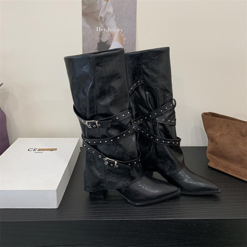 2025 Autumn and Winter New Trouser Boots Thick Heel Rivet Belt Buckle But Knee Boots Pointed High Boots Women