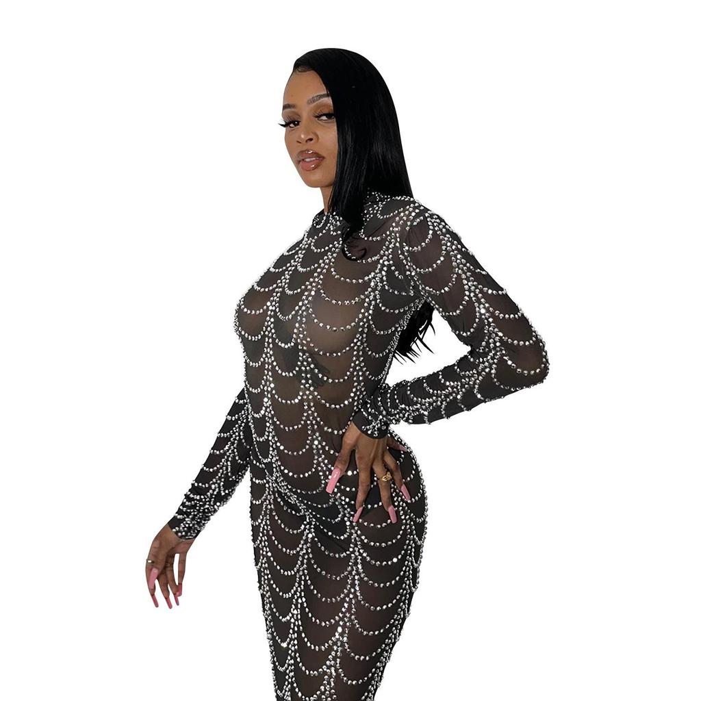European and American Fashion Sexy Nightclub Hot Drilling Mesh See-through Long-sleeved Dress X5351