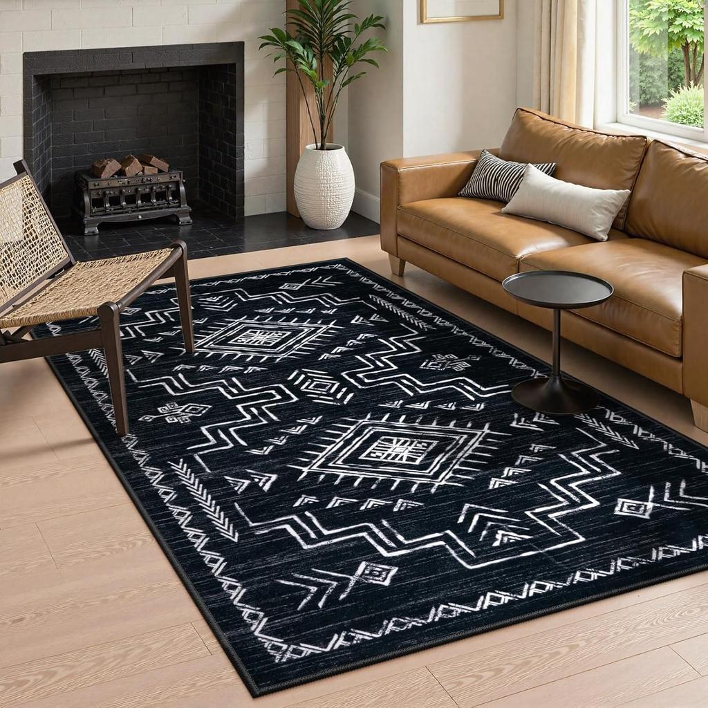 Black and White Area Carpet Living Room Bedroom Dining Table Home Office Mat Aztec Tribal Moroccan Non-Slip Large Washable Rug