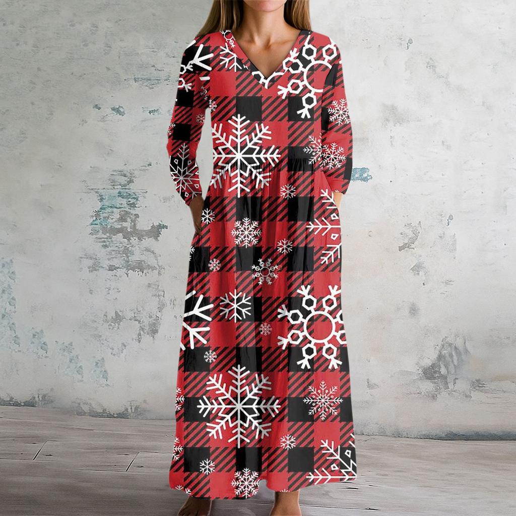 Damska Sukienka Modowa Wiosenna Sukienka z Dekoltem V i Długim Rękawem