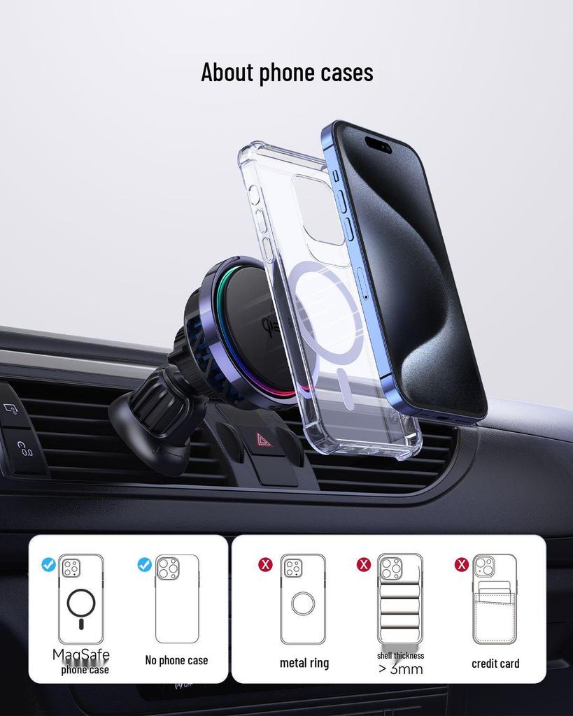 QI2 Magnetic Wireless Car Charger with LED Light and Fast Cooling
