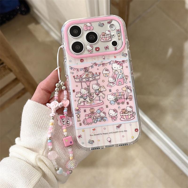 Kawaii Pink Cate Amusement Park Clear Case For iPhone 17 16 15 14 Pro Max with Beaded Chain Double Layer Glitter Shockproof Case