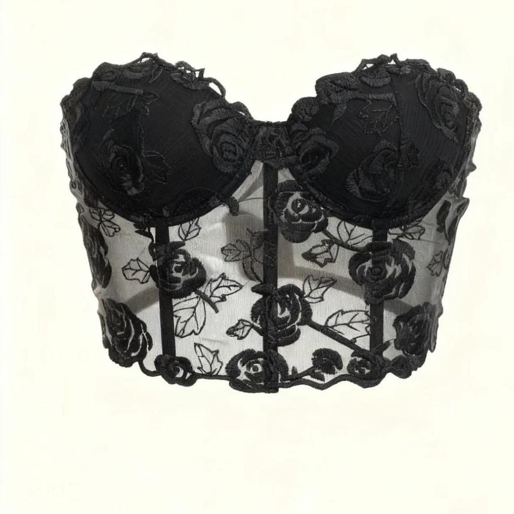 Black Hot Girl Mesh Embroidered Underwire Bustier Tank Top