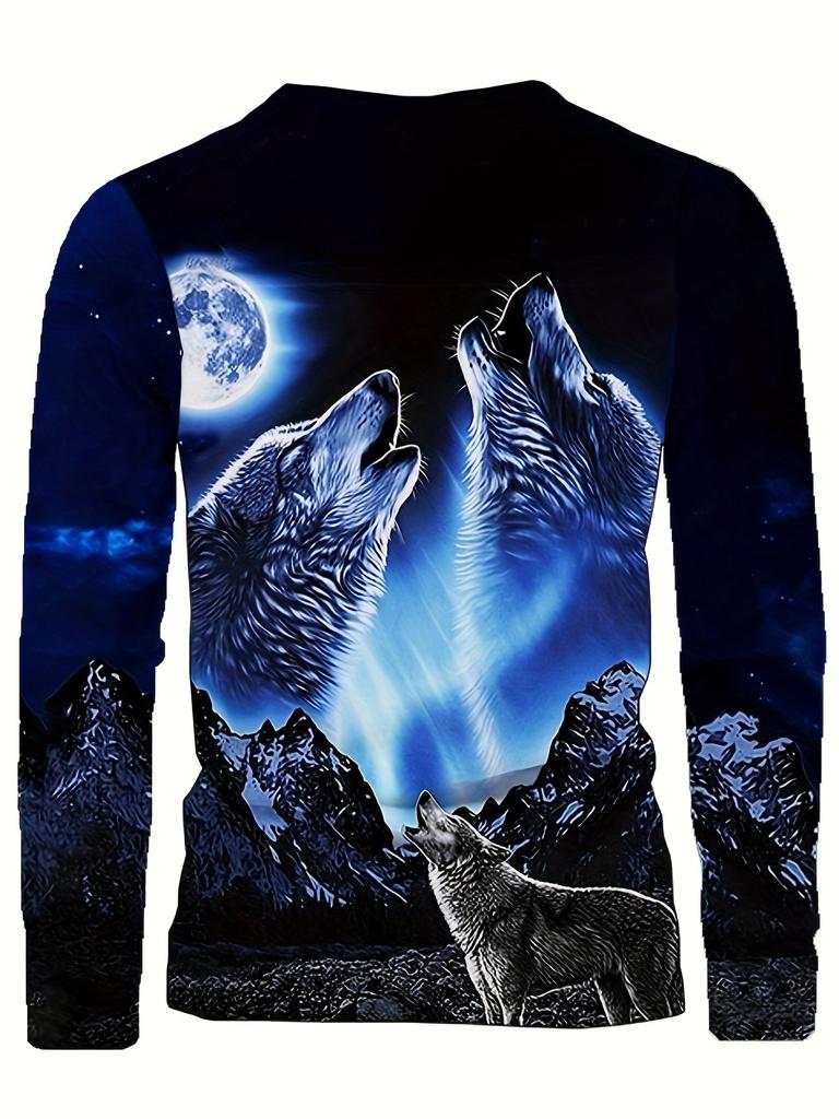 Men's Wolf-Themed 3D Digital Printed Long-Sleeve T-Shirt - Casual and Comfortable Crew Neck Pullover