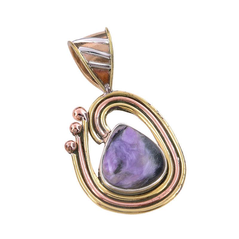 Natural Charoite Gemstone 925 Solid Sterling Silver Two Tone Pendant 1.50" R0n84