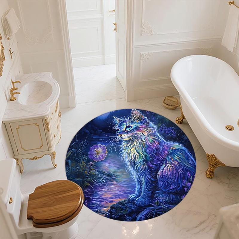Night Cat Round Area Rug,Carpet Rug for Living Room Bedroom Sofa Playroom Decor,Non-slip Floor Mat
