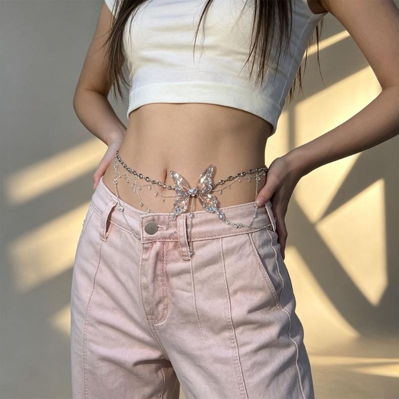 Silver-Tone Butterfly Waist Chain for Women, Layered Body Jewelry with Hanging Accents and Adjustable Positioning for Daily and Street-Style Outfits