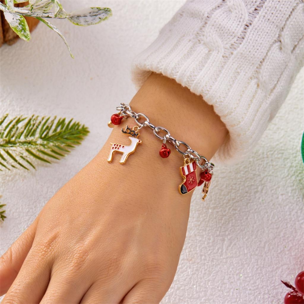 Christmas Red Green Bells Chain Bracelet Deer Bulb Crutch Santa Claus Tree Snowman Wreath Snowflake Bangle Jewelry For Women Men
