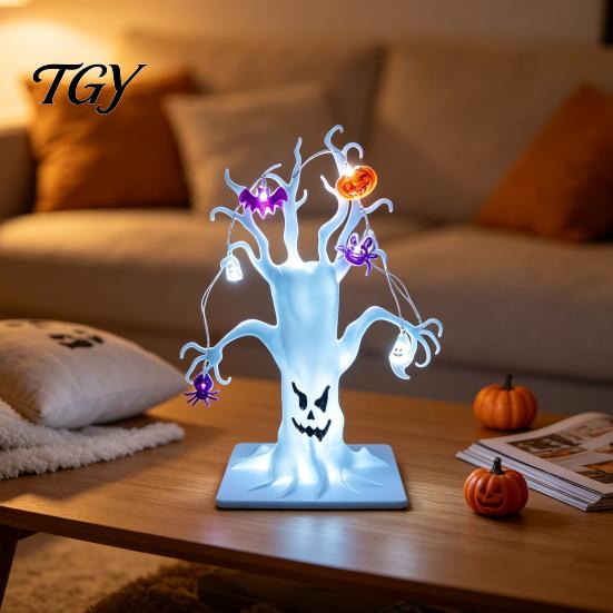 Halloween Themed Showcase Decor Lighted Spooky Dead Tree Tabletop Decor, Ghost Face Haunted Light Up for Party with Pumpkin Spider LED String Lights,